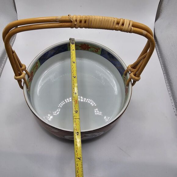 Vintage Takahashi Bowl Dish Bamboo Handles Japan Asian Ceramic Red Blue Floral - Picture 8 of 12
